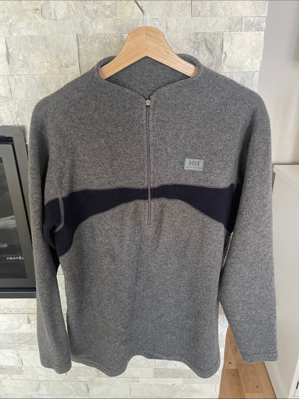 Helly Hansen Gray Half-Zip Sweater with Navy Chest Stripe